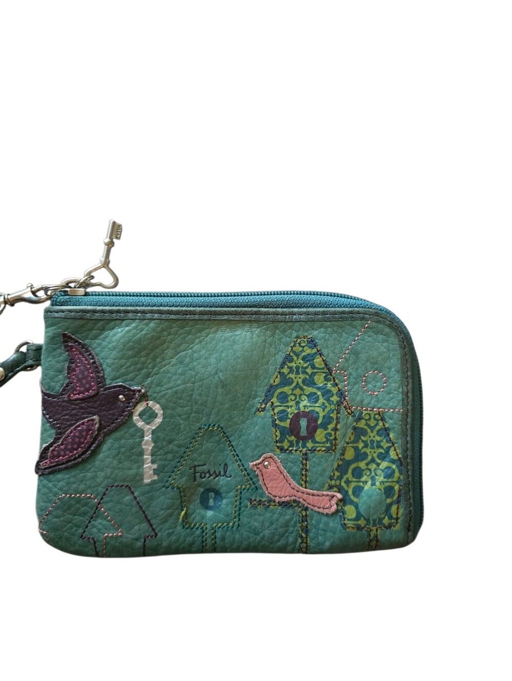 FOSSIL Bird & Bird House Genuine Leather Small Corner Zip Wristlet